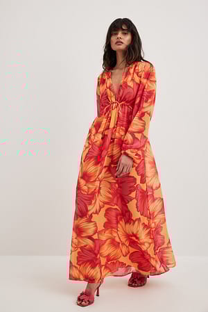 Flower Print Robe style caftan en mousseline nouée à la taille