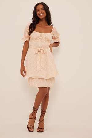 White/Flower Mini robe taille nouée