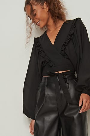 Black Chemisier noué à la taille à manches volumineuses