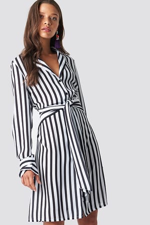 Black/White Tied Waist Striped Dress