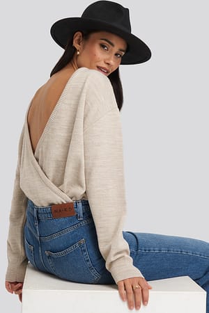 Beige NA-KD V-shape Deep Back Sweater