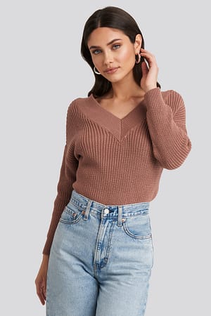 Dusty Dark Pink V-Neck Wide Rib Knitted Sweater