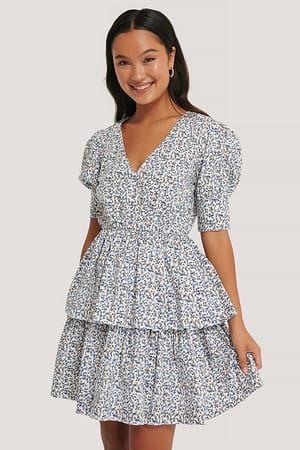Blue Flower NA-KD Boho Robe Mini Col En V À Volants Et Manches Longues