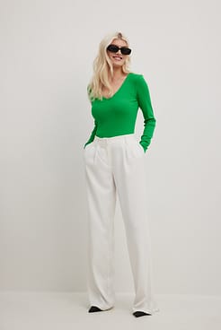 V-Neck Ribbed Long Sleeve Top Outfit