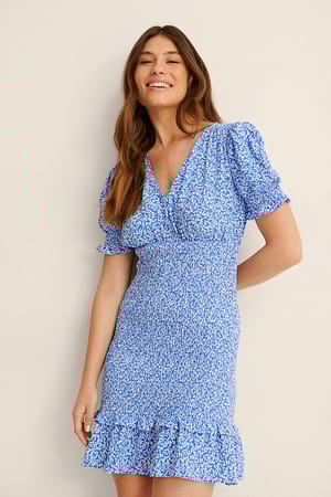 Blue Flower Robe courte froncée avec col en V