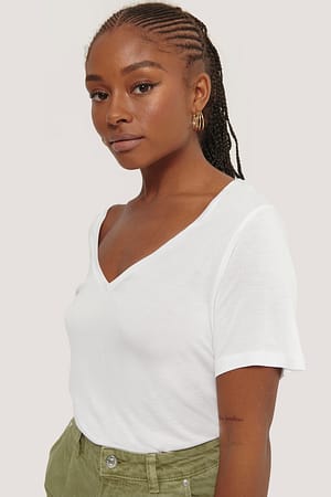 White NA-KD Basic Viscose V-Neck Tee