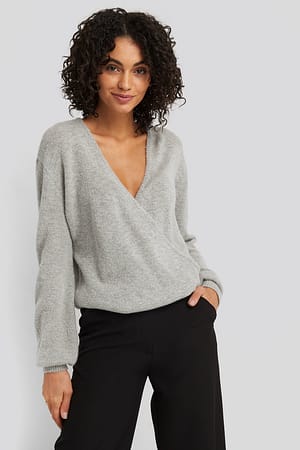 Grey V-Neck Overlap Knitted Sweater