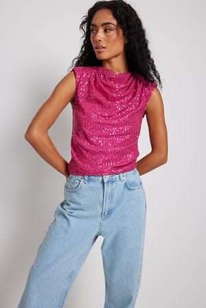 Pink Haut pailleté à épaulettes et décolleté cascade
