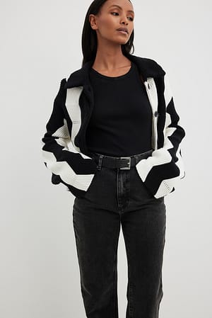 Black/White Cardigan à col en tricot ondulé
