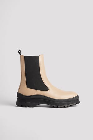 beige/Black Bottes en cuir à semelle ondulée