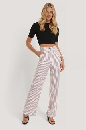 White/Beige Stripe NA-KD Pantalon Large Fluide
