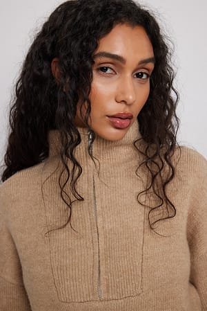 Sand Beige Pull zippé en maille de laine