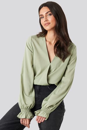 Light Khaki NA-KD Wrap Over Blouse