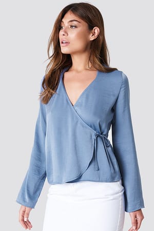 Blue Stone NA-KD Wrap Over Satin Shirt
