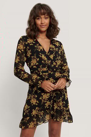 Black/Flower Print NA-KD Boho Robe Cache-Cœur À Nouer