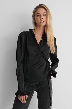 Black Wrapped Ruffle Detail Top