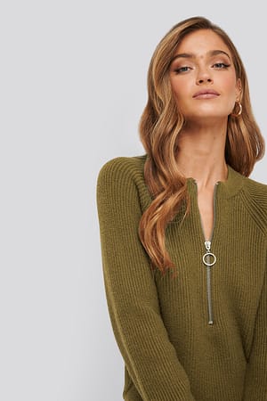 Khaki Zipper Front Knitted Sweater