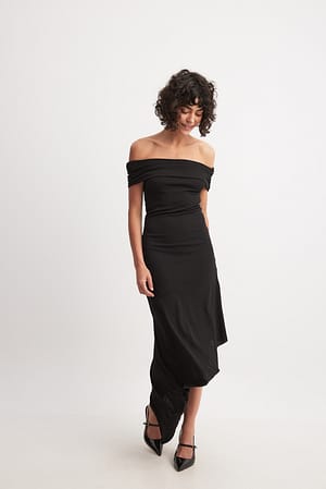Black Off Shoulder Flounce Midi Dress