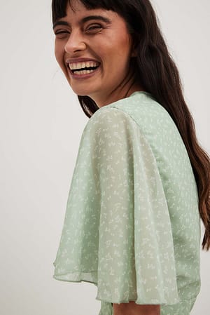 Green Branch Pattern Robe mi-longue à manches courtes