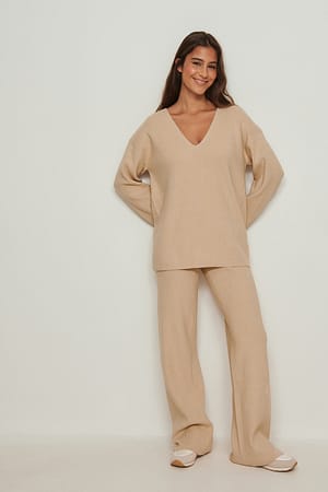 Beige Pantalon doux coupe ample à côtes