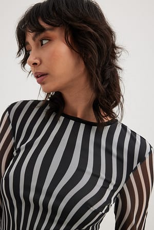 Stripe Print Haut en tulle imprimé à manches longues