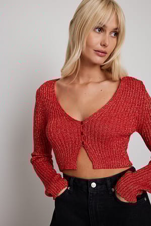 Red Cardigan court pailleté en maille côtelée