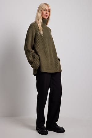 Burnt Olive Pull en tricot côtelé à col montant
