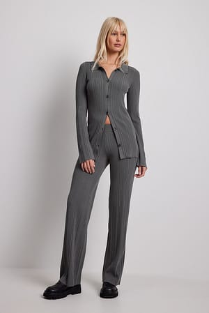 Dark Grey Pantalon en maille côtelée à taille mi-haute