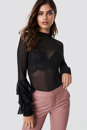 Black Rut&Circle Frill Sleeve Mesh Top