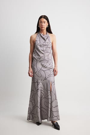 Grey Print Jupe longue asymétrique en satin à coutures apparentes