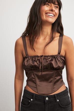 Brown Crop top style corset en tissu satiné