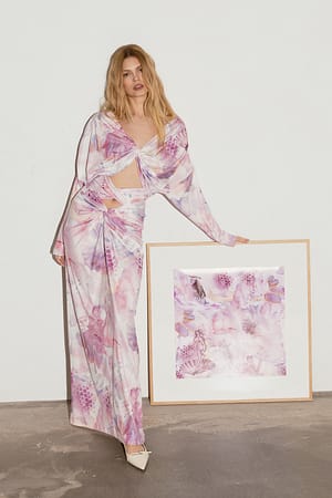 Pink Print Robe longue froncée à imprimé sculpture pêle-mêle
