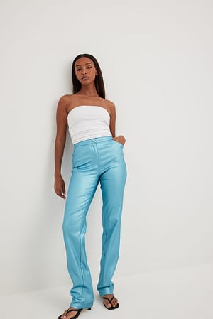 Blue Pantalon brillant à taille mi-haute