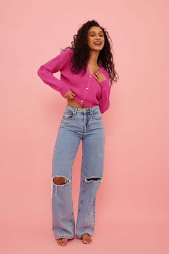 Ribbed Knitted Pearl Button Cardigan Outfit.