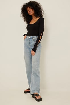 Cut Out Sleeve Rib Top Outfit.