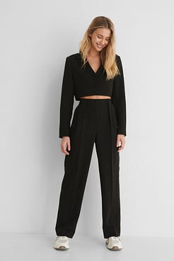 Pleat Detail Straight Suit Pants with Marked Shoulders Cropped Blazer.