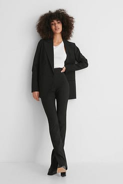 Pinstriped Stretch Slit Pants Outfit.