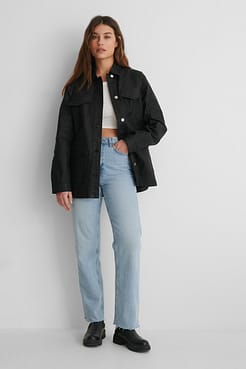 Coated Big Pocket Overshirt with Jeans and a Crop Top.