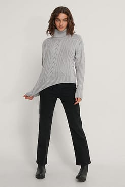 High Neck Cable Knit Sweater Outfit.