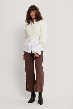 Puff Sleeve V-neck Knitted Sweater Outfit.
