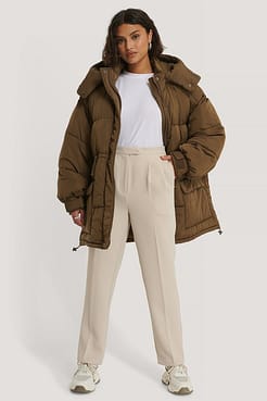 Waist Drawstring Padded Jacket Brown.
