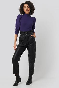 Puff Sleeve Corded Knit Top Outfit.