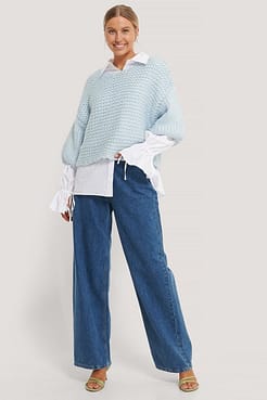 Heavy Knitted Short Sleeve Sweater Outfit.
