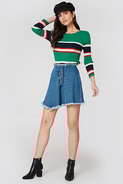 Lacing Front Denim Skirt Outfit.