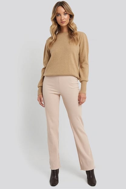 Beige Flare Ribbed Pants