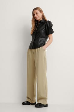 Short Puff Sleeve PU Blouse Outfit.