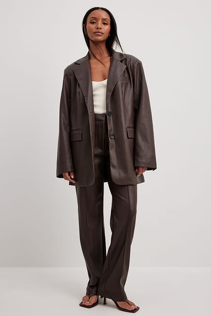 Brown Blazer surdimensionné en faux cuir