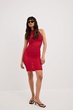 Hole Knitted Halterneck Mini Dress Outfit