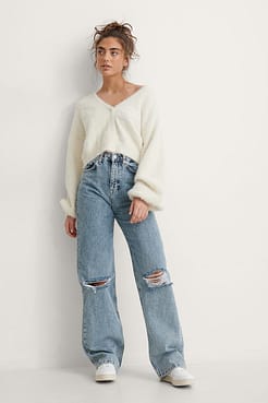 Acid Wash Wide Leg Destroyed Jeans