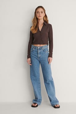 NA-KD Crepe Jersey Button Top Outfit